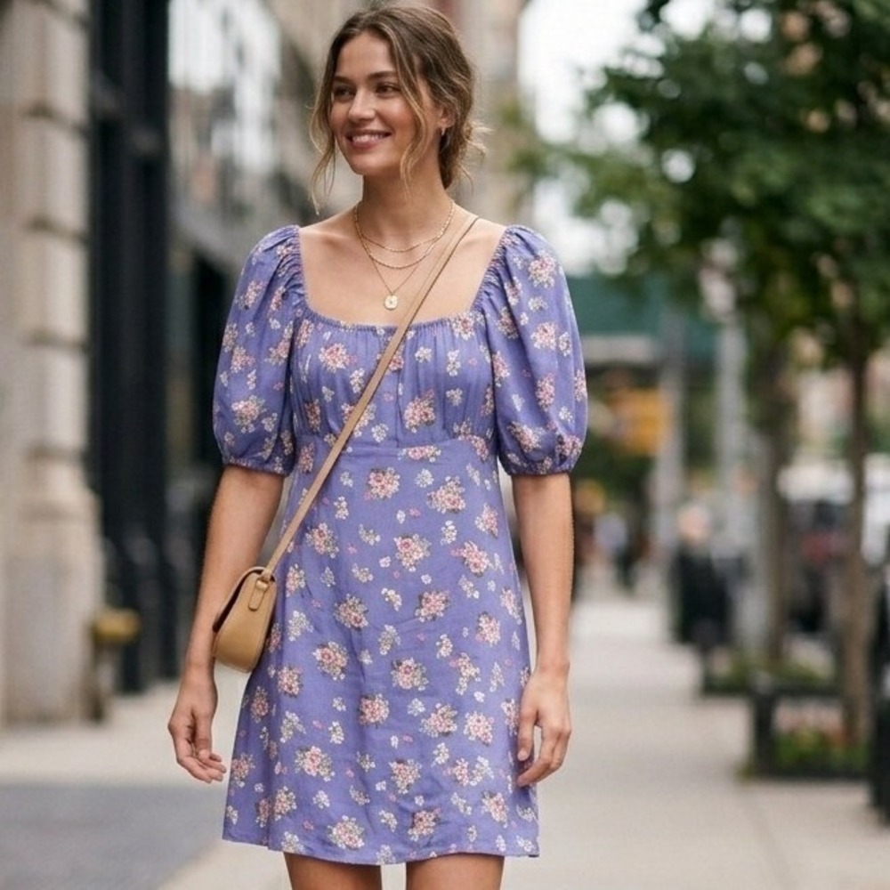MNG Mango Floral Mini Dress Womens 6 Blue Smocked Puff Sleeve Cottagecore